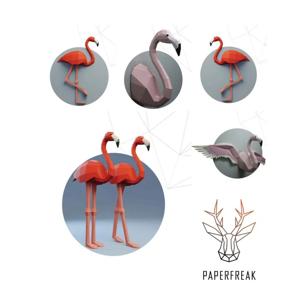 Set mit mehreren rosa Flamingos aus 3D-Origami