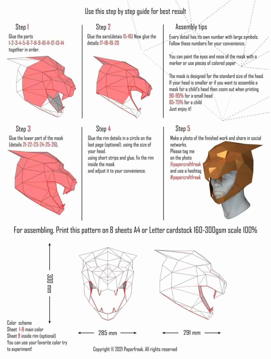Tijgermasker papercraft, weergave 3