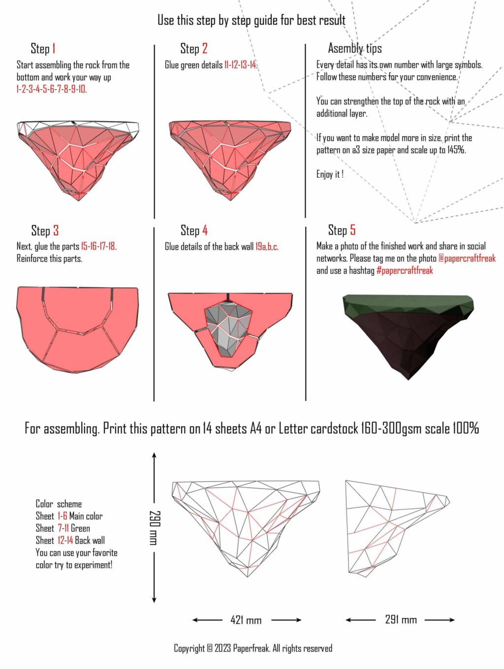 3D origami papercraft fox on rock