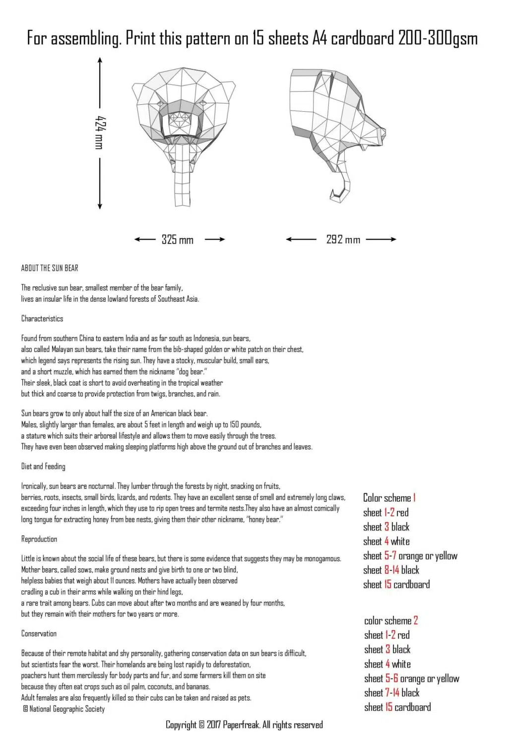 Papercraft cabeça de urso-malaio em origami