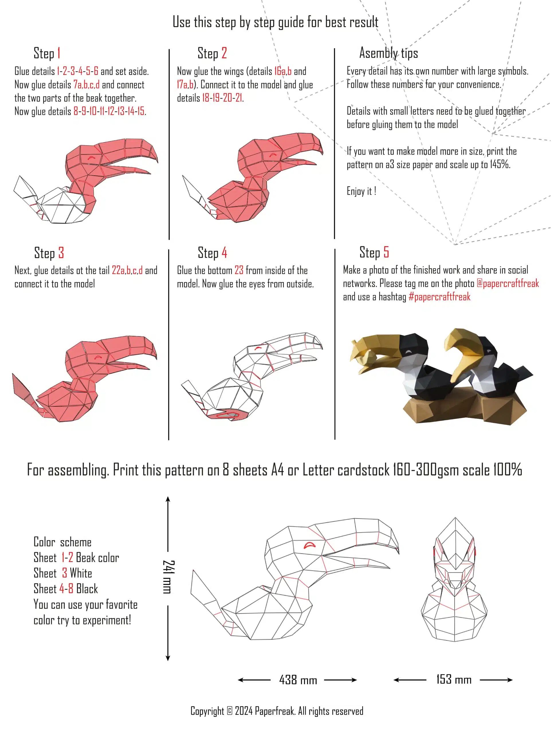 Papercraft von Tukanen auf Ast im 3D-Origami, Rückansicht