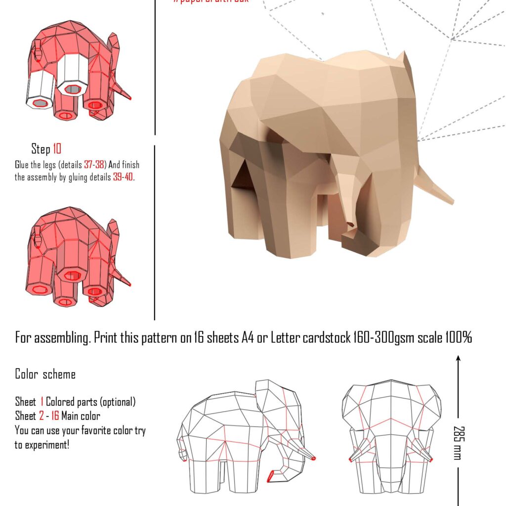 Papercraft of elephant in 3D origami