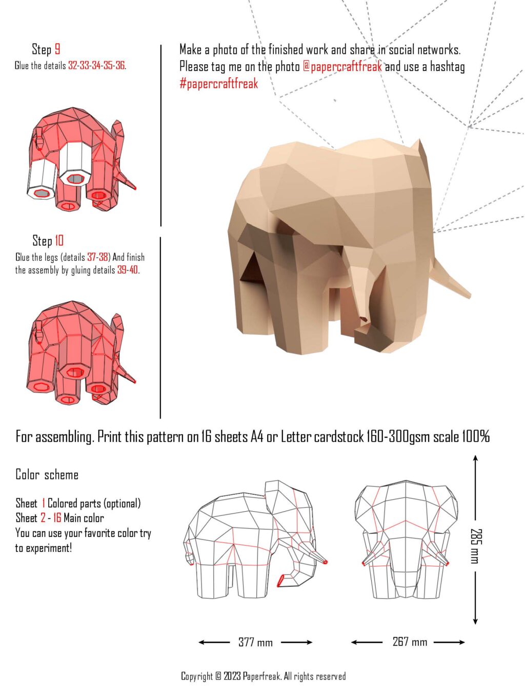 Papercraft de elefante em origami 3D