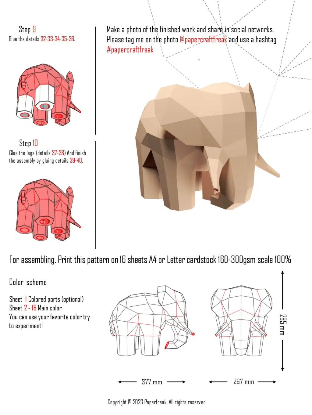 Papercraft de elefante bege em origami 3D