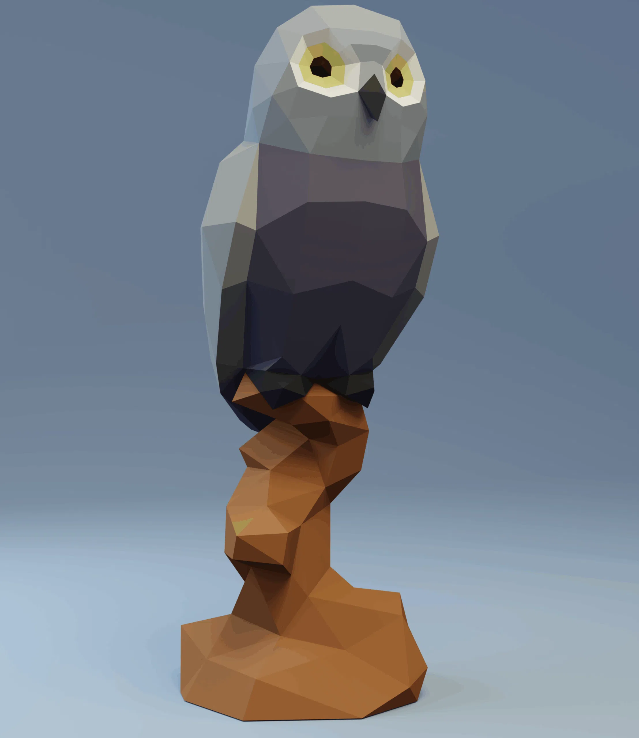 Papercraft de coruja no galho em origami 3D, detalhe