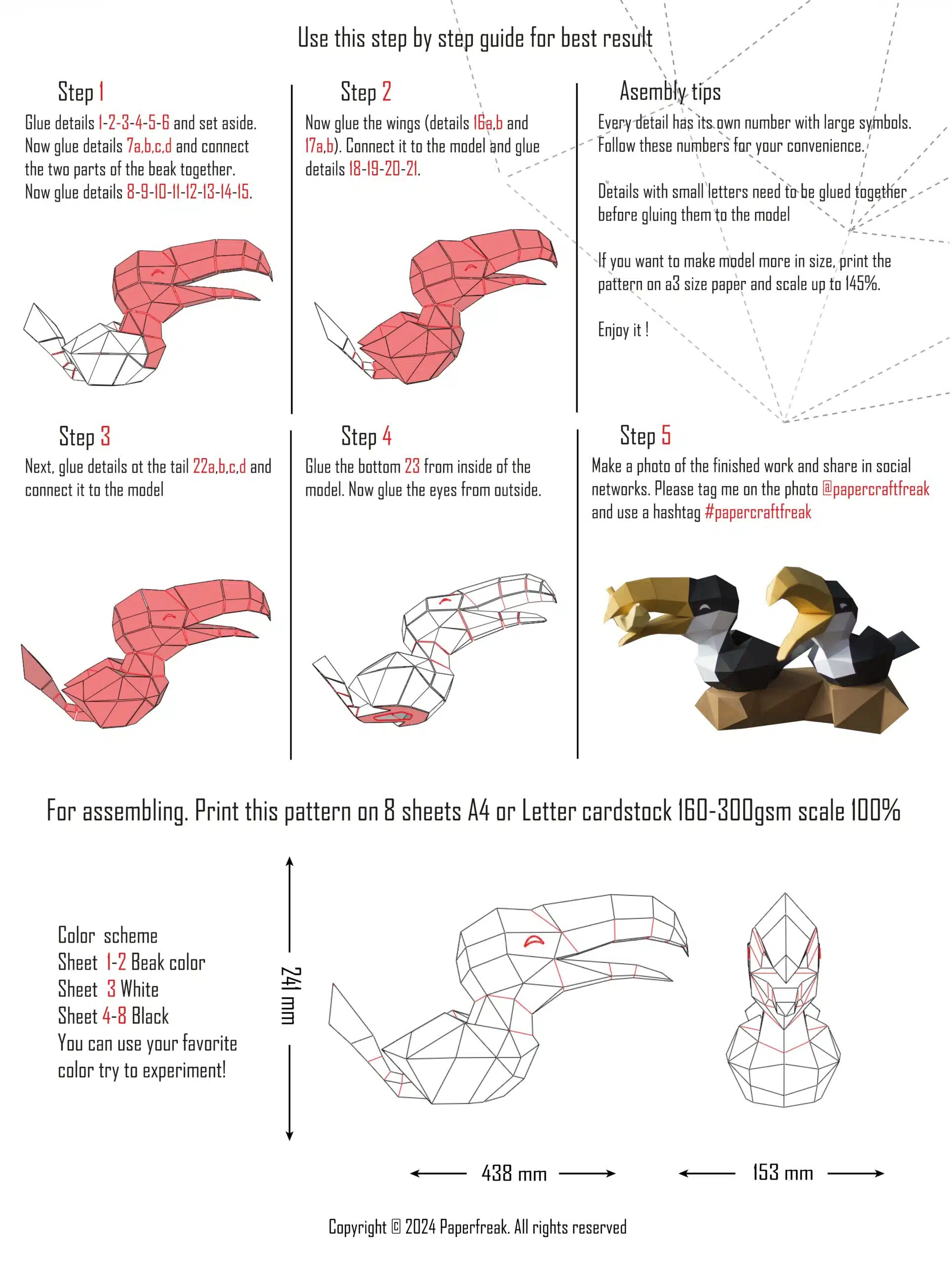 Papercraft von Tukanen auf Ast im 3D-Origami, Seitenansicht