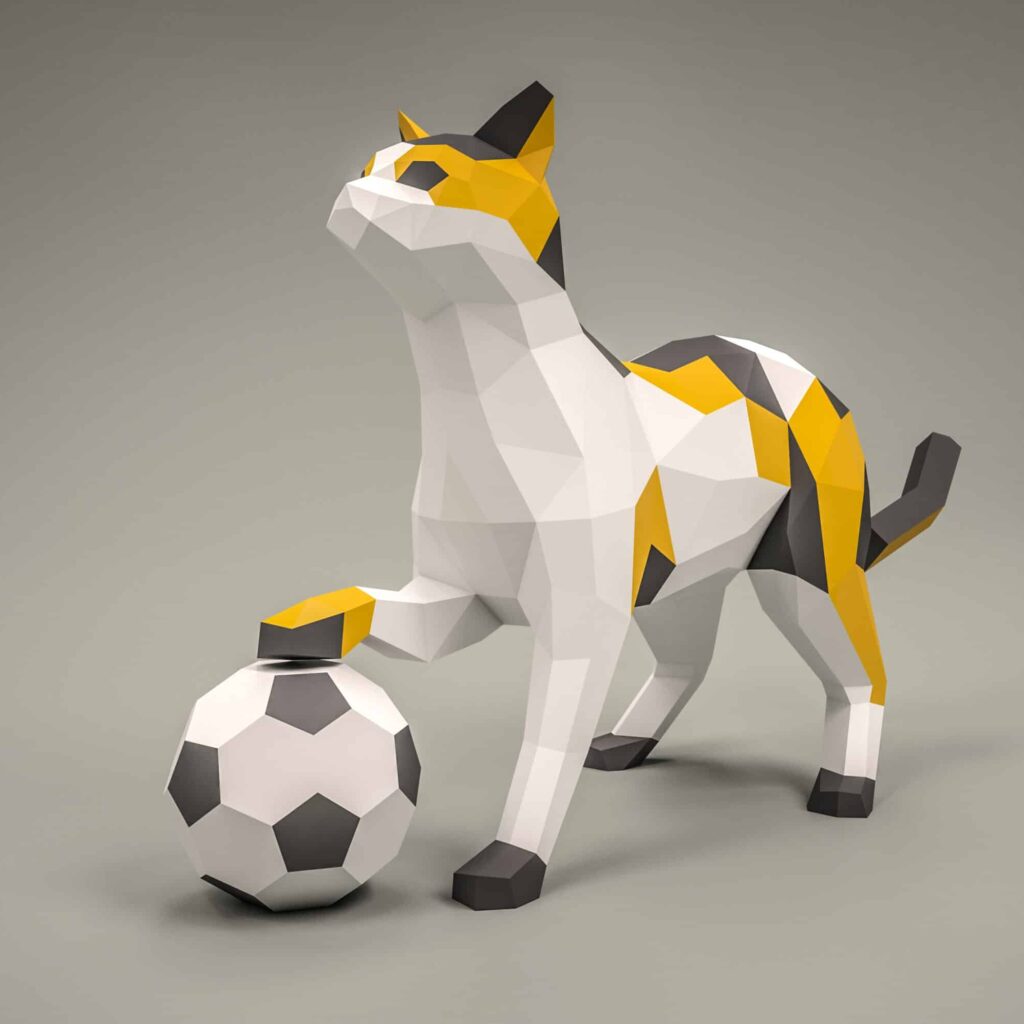 Papercraft cat with ball in 3D origami