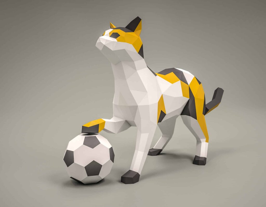 Papercraft di gatto con palla in origami 3D