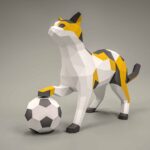 Papercraft de gato com bola em origami 3D