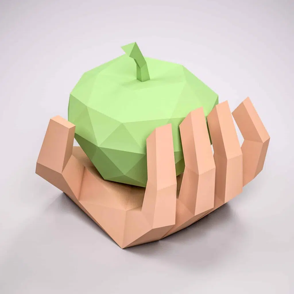 Papercraft mão segurando uma maçã em origami 3D