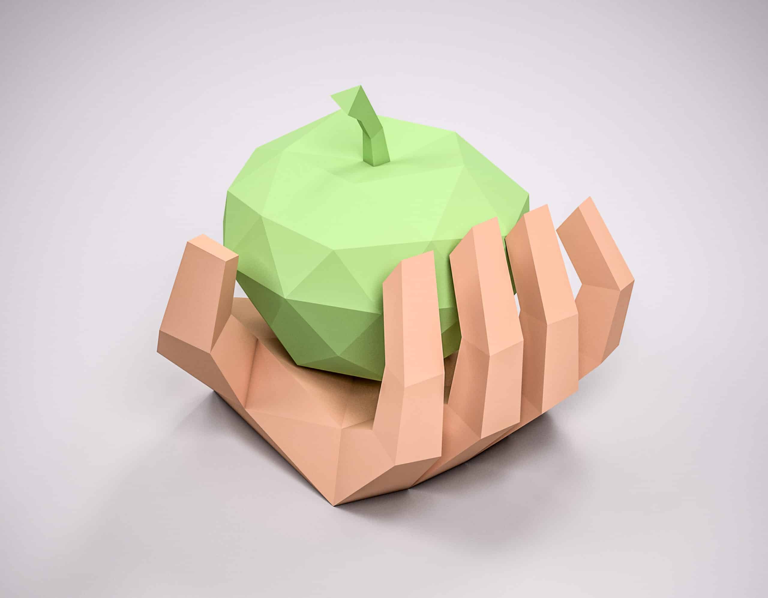 Papercraft hand holding 3D origami apple Papercraft hand holding 3D origami apple