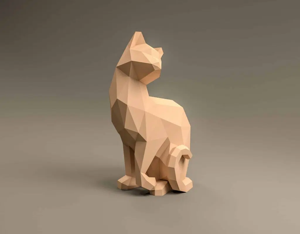Papercraft di gatto seduto in origami 3D, vista 2
