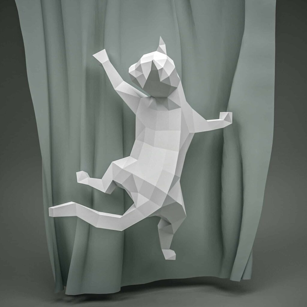 Papercraft cat on curtain origami 3D