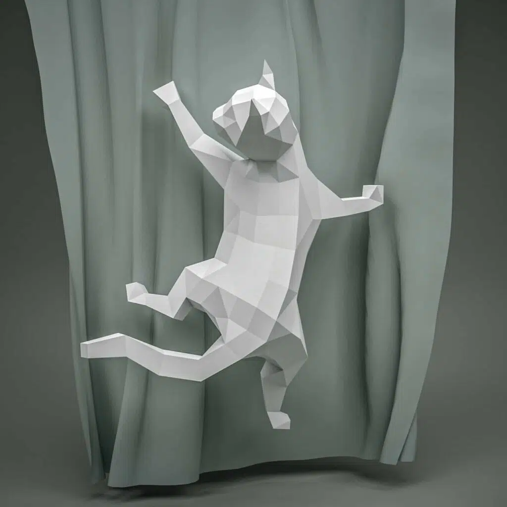 Papercraft-Katze am Vorhang als 3D-Origami