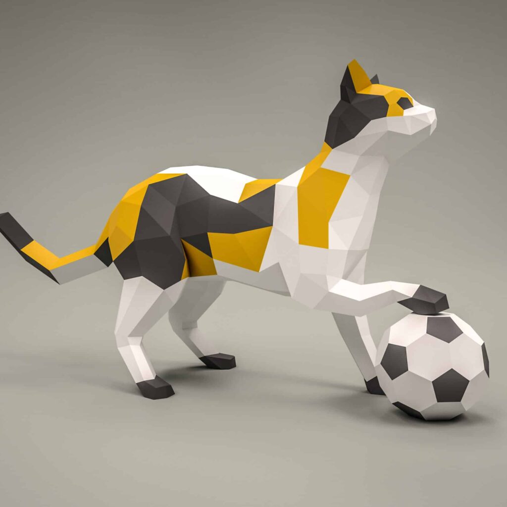 Papercraft cat with ball in 3D origami