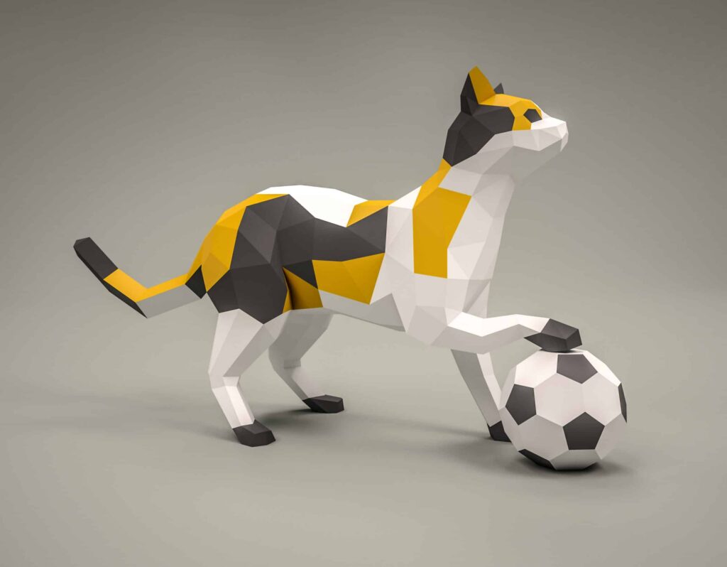 Papercraft di gatto con palla in origami 3D
