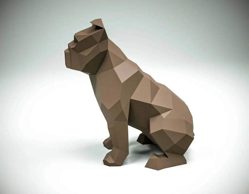 Papercraft bulldog sentado em origami 3D