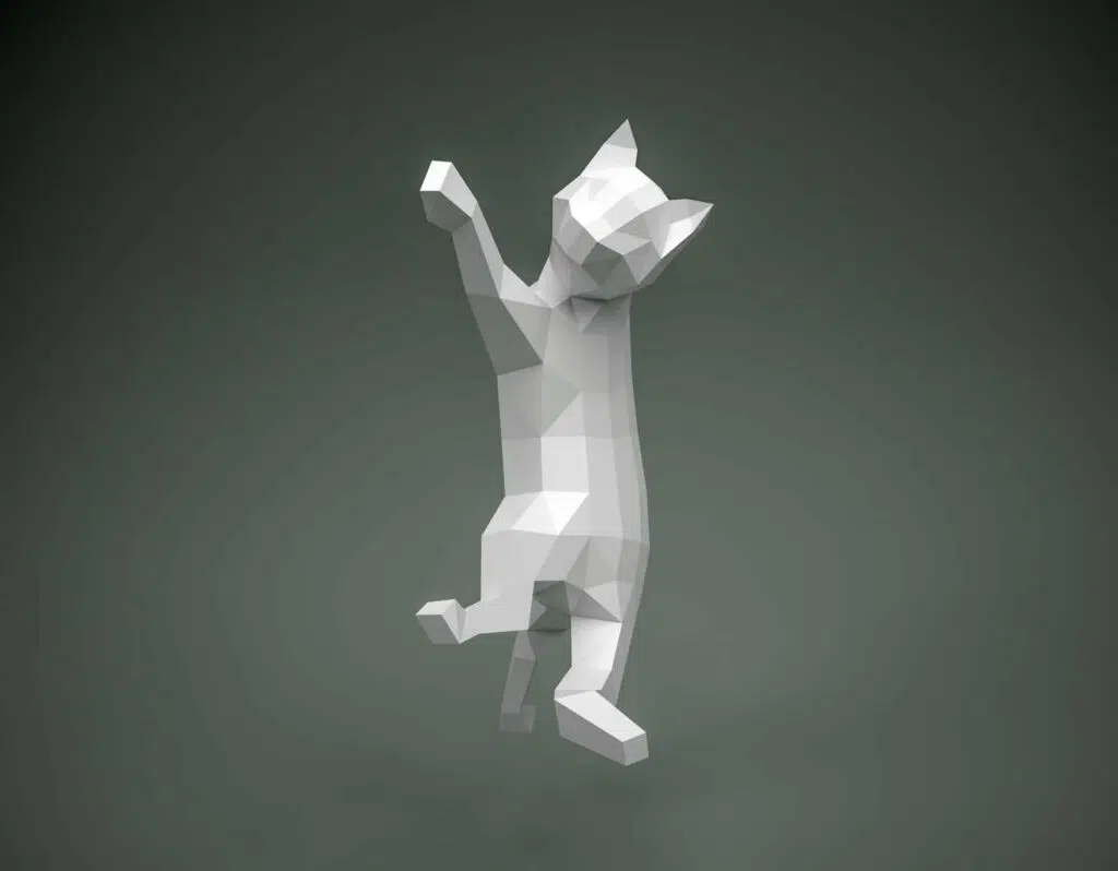 Papercraft de chat sur rideau en origami 3D, vue 2