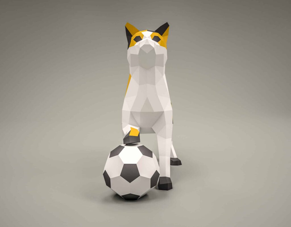 Papercraft di gatto con palla in origami 3D