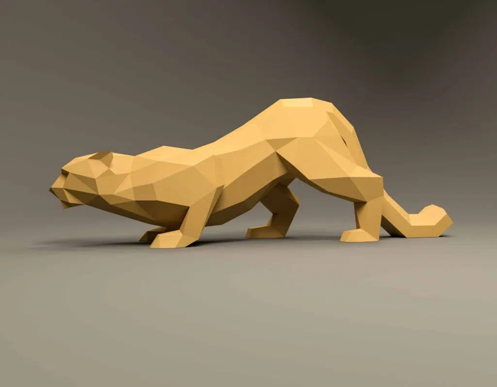 Papercraft luipaard gehurkt in 3D origami, weergave 3
