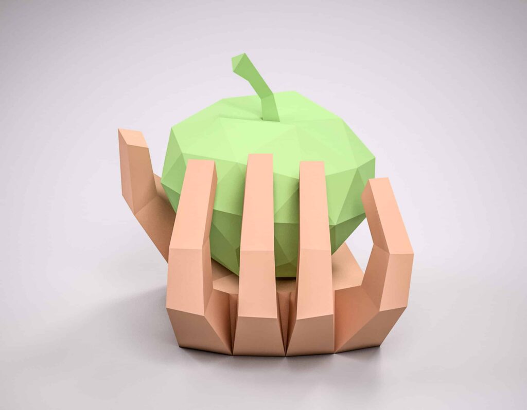 Papercraft mão segurando uma maçã em origami 3D