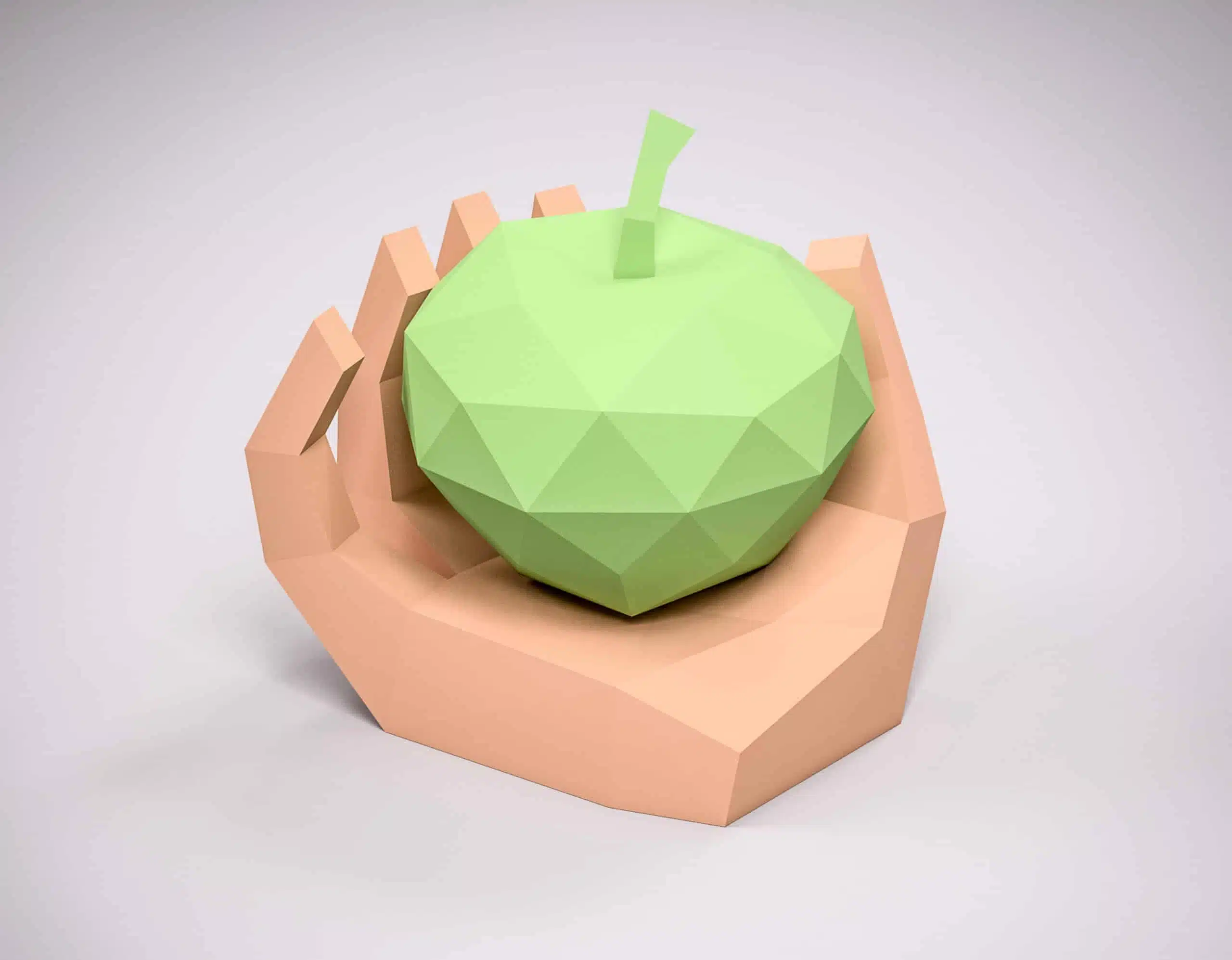 Hand met appel papercraft origami 3D, weergave 4