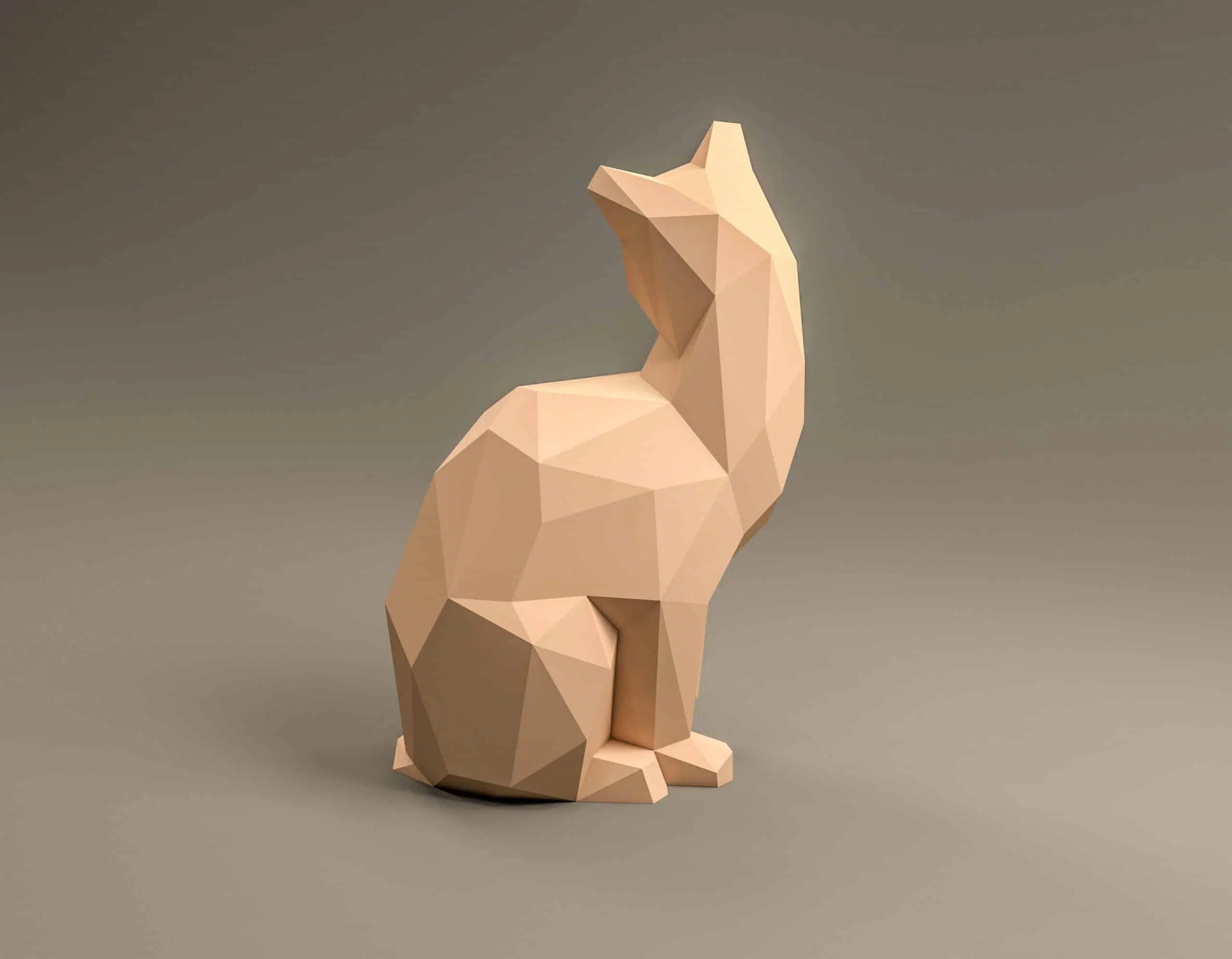 Papercraft di gatto seduto in origami 3D, vista posteriore