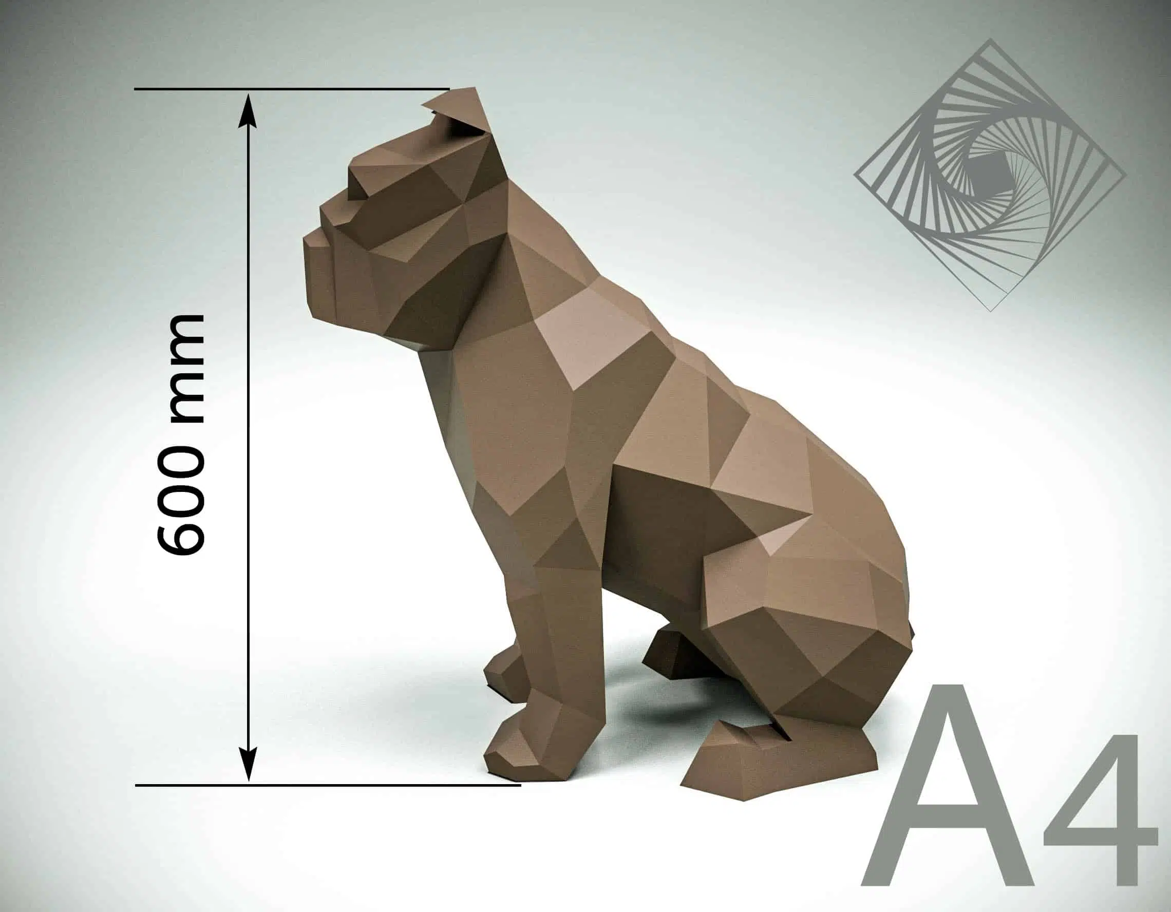 Papercraft bulldog sentado em origami 3D, montado