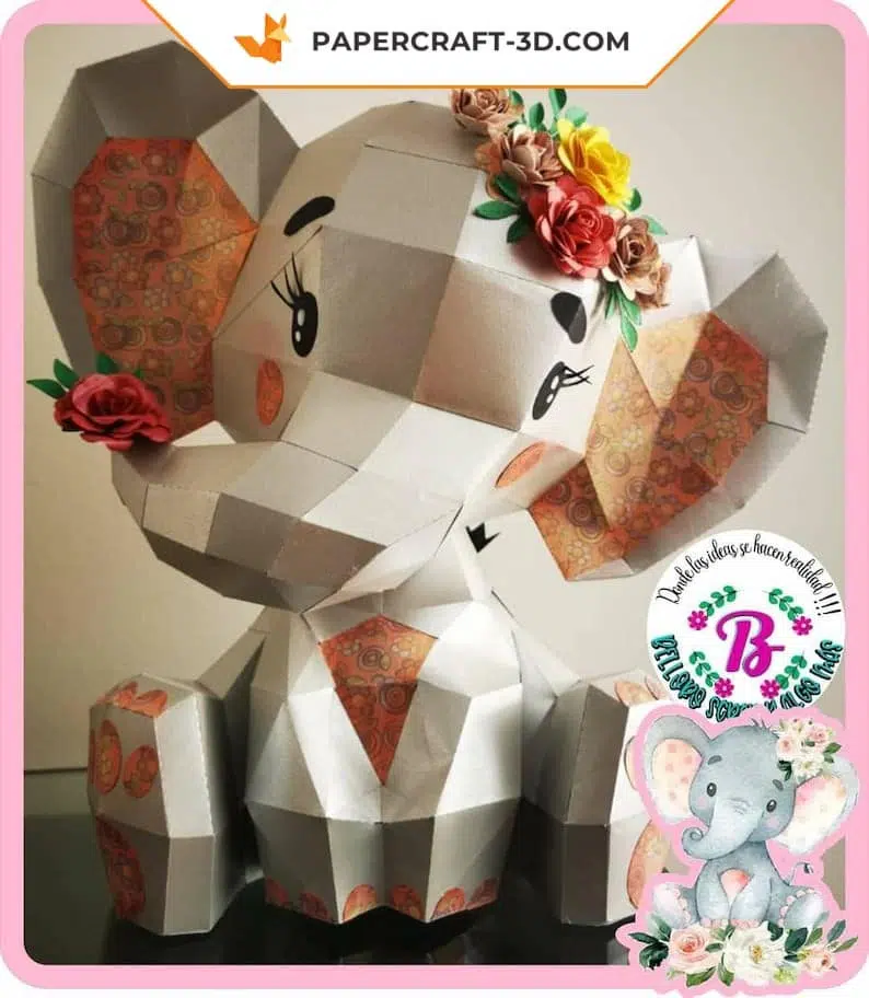 Niedliches sitzendes Elefanten-Papercraft in Origami, montiert