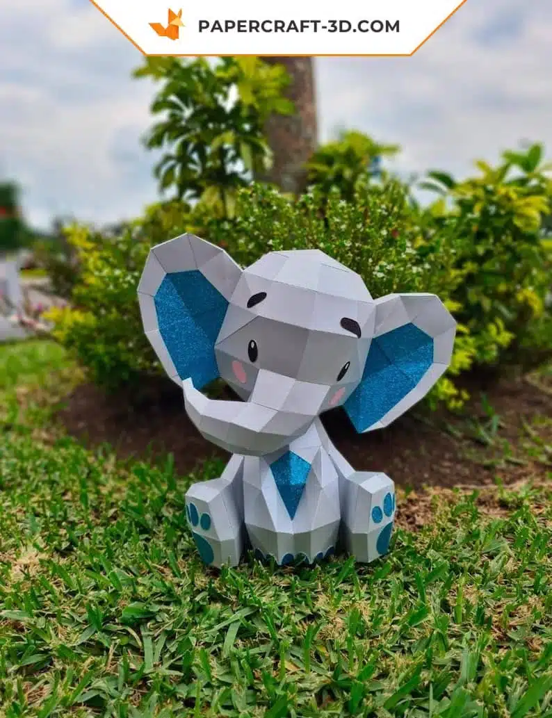 Niedliches sitzendes Elefanten-Papercraft in Origami, Detail
