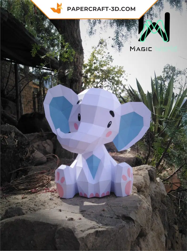 Niedliches sitzendes Elefanten-Papercraft in Origami, Seitenansicht