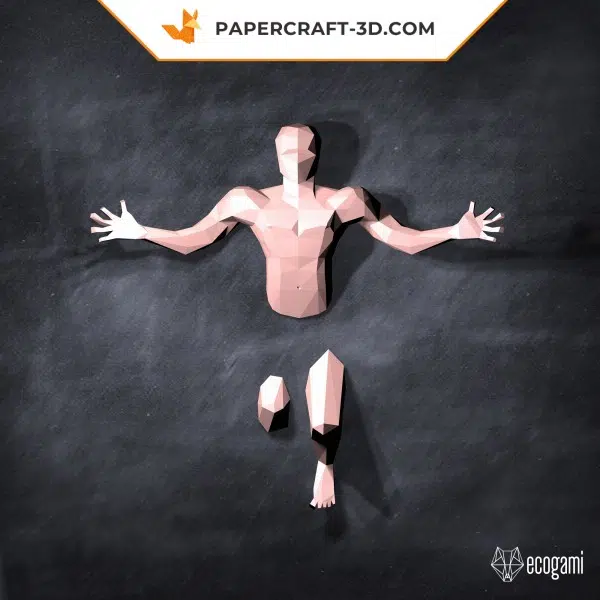 Papercraft man with outstretched arms in origami, back view