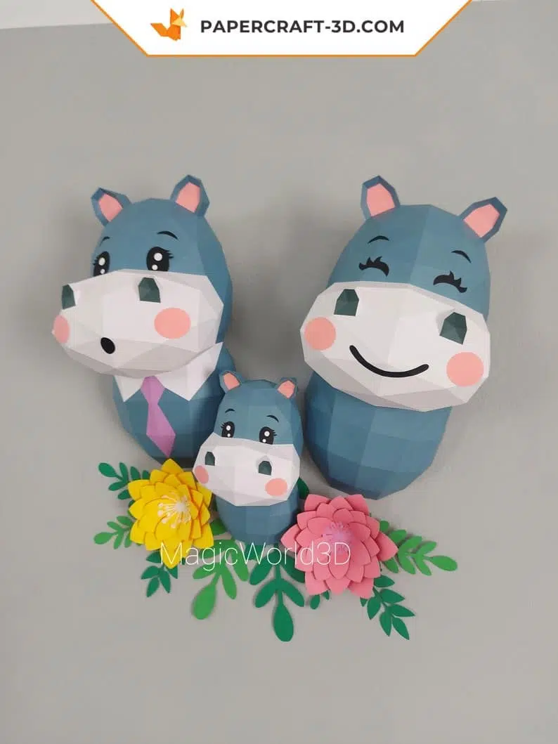Papercraft famille hippopotame en origami
