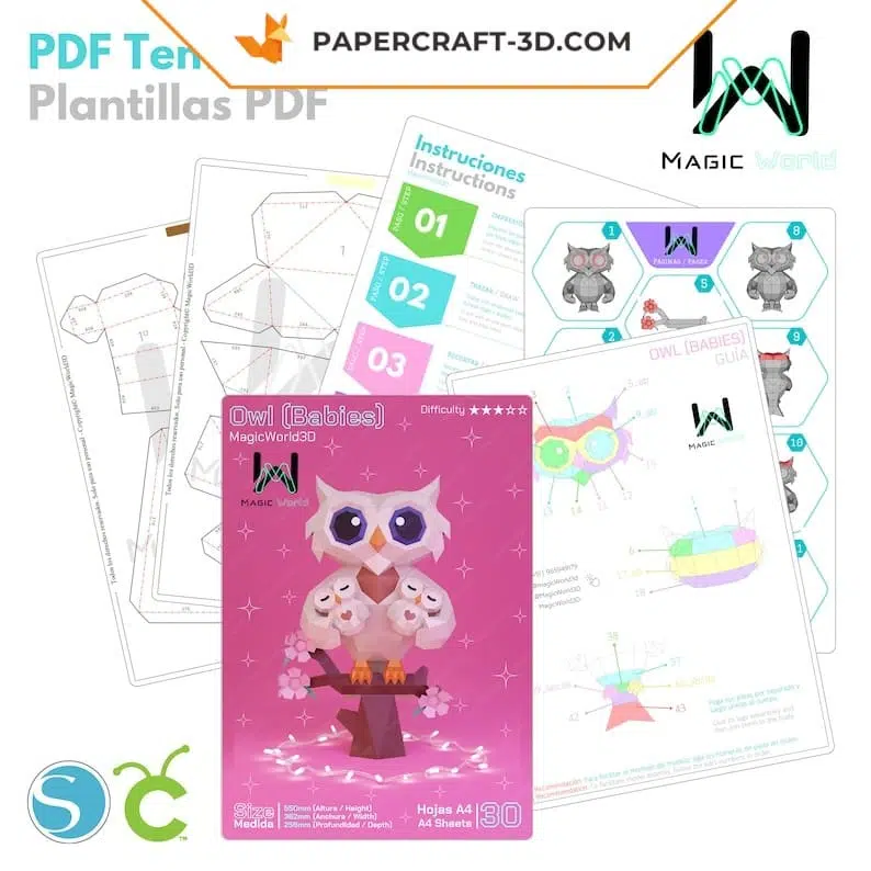 Chouette avec bébés papercraft 3D, weergave 9
