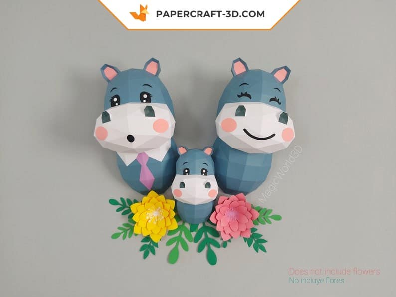 Papercraft família de hipopótamos em origami Papercraft família de hipopótamos em origami