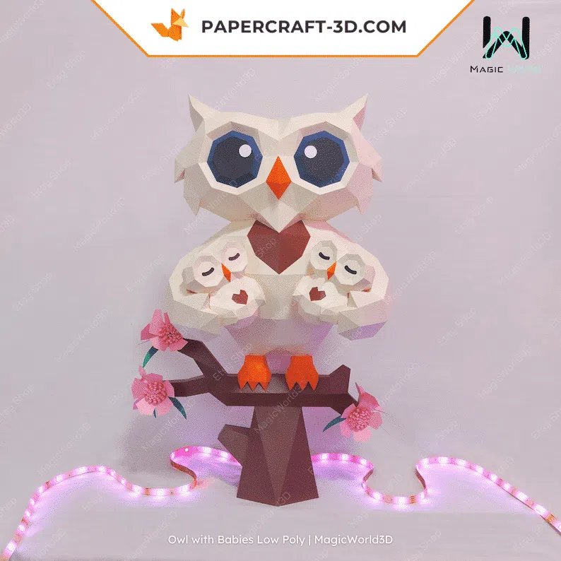 Papercraft coruja com filhotes em origami