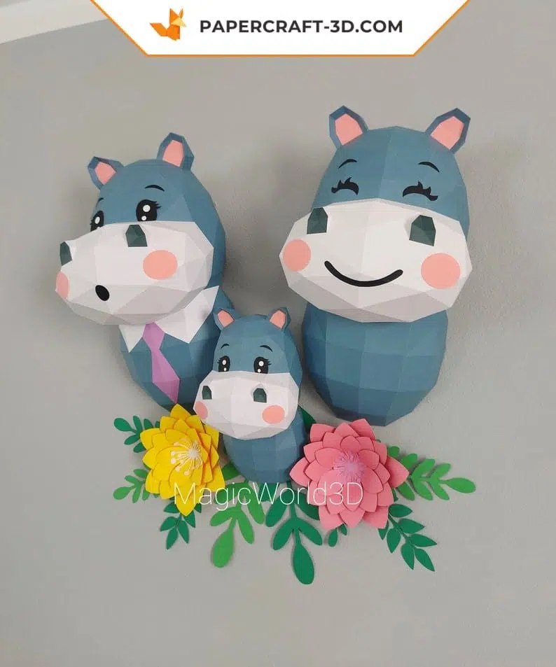 Famille hippopotame papercraft 3D