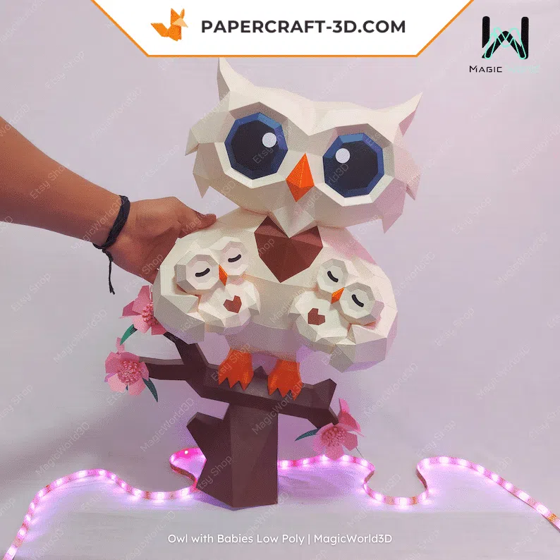 Chouette avec bébés papercraft 3D, weergave 4