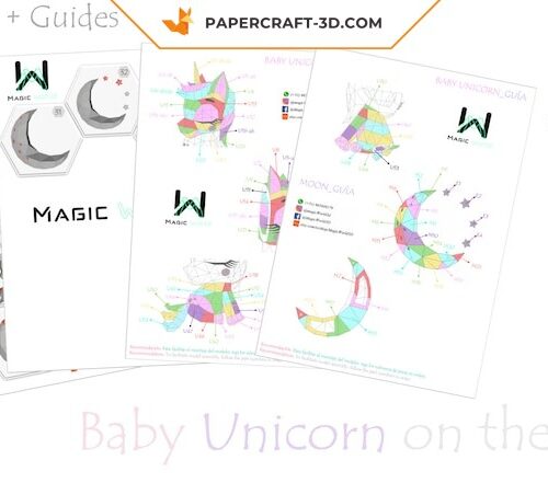Papercraft baby unicorn on moon in origami