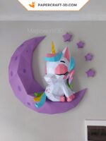 Papercraft baby unicorn on moon in origami