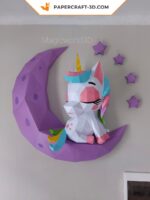Papercraft baby unicorn on moon in origami