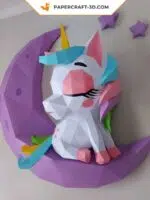 Papercraft baby unicorn on moon in origami