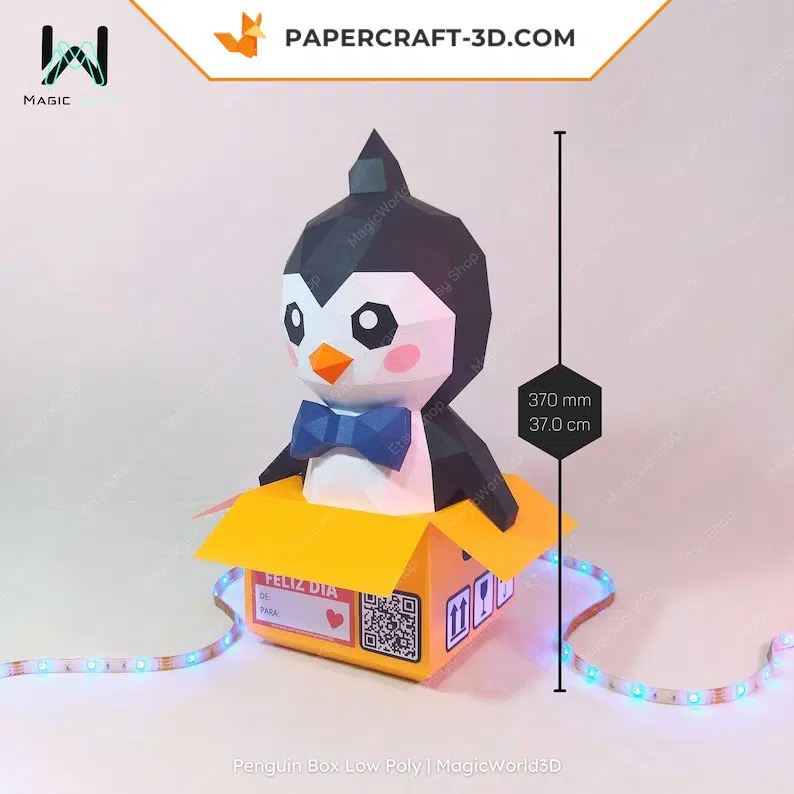 Papercraft caixa de pinguim em origami, vista traseira