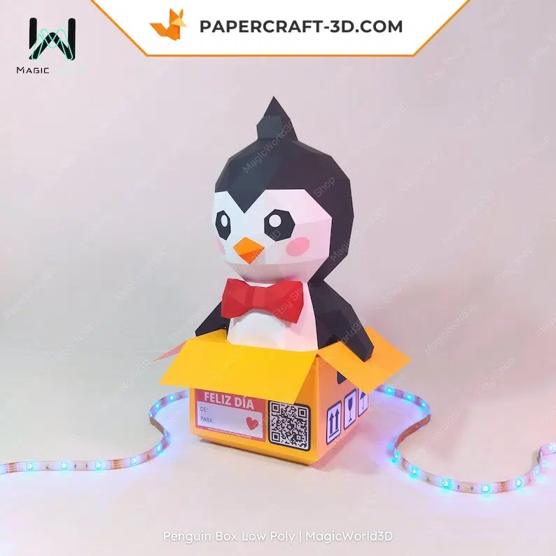 Papercraft caixa de pinguim em origami, vista lateral