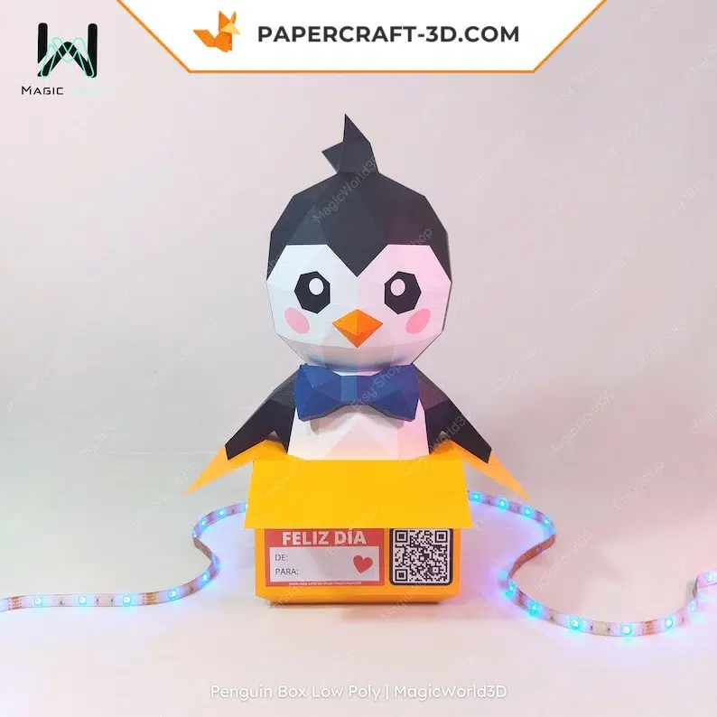 Papercraft caixa de pinguim em origami, montado