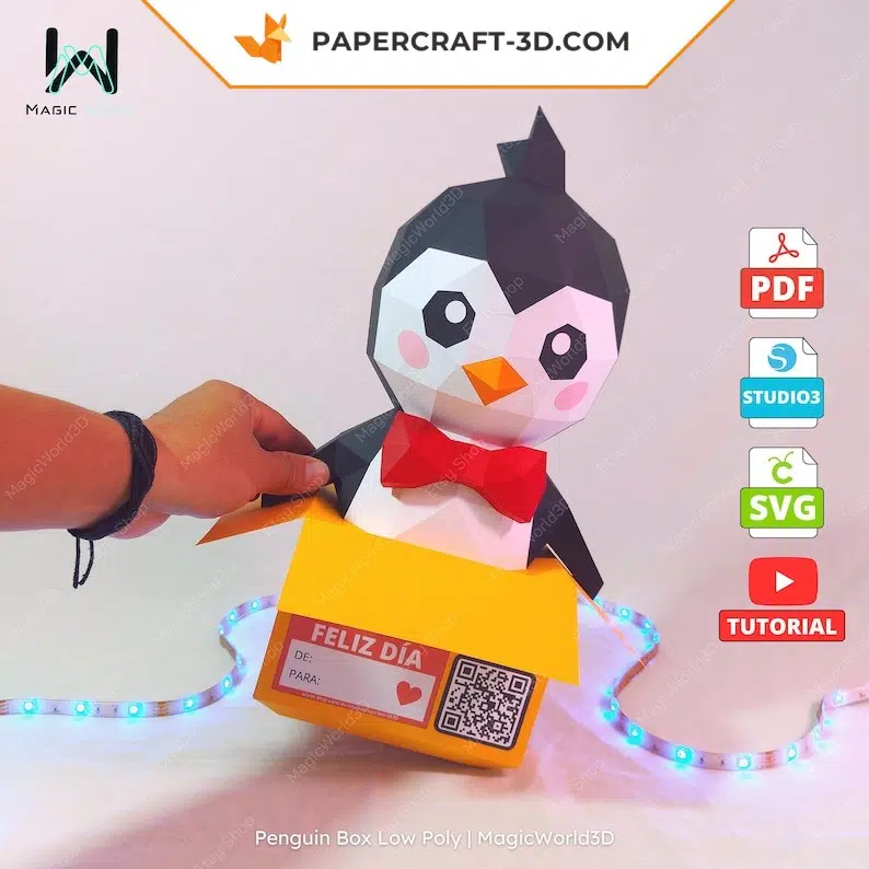 Papercraft caixa de pinguim em origami, vista traseira