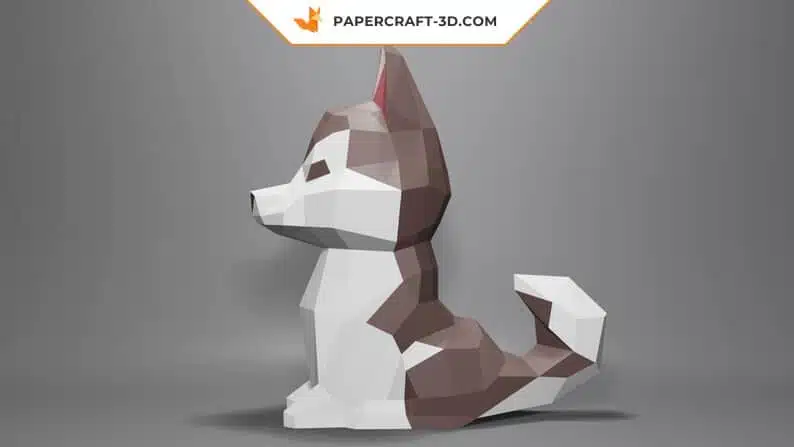 Bébé husky marron et blanc papercraft 3D, weergave 2