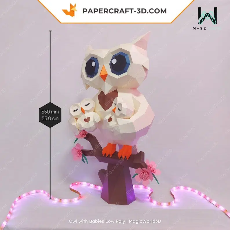 Chouette avec bébés papercraft 3D, weergave 4