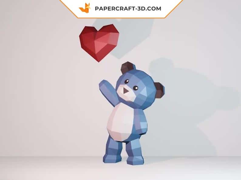 Papercraft teddy bear with heart in 3D origami