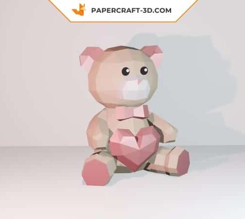 Papercraft bear with heart in 3D origami